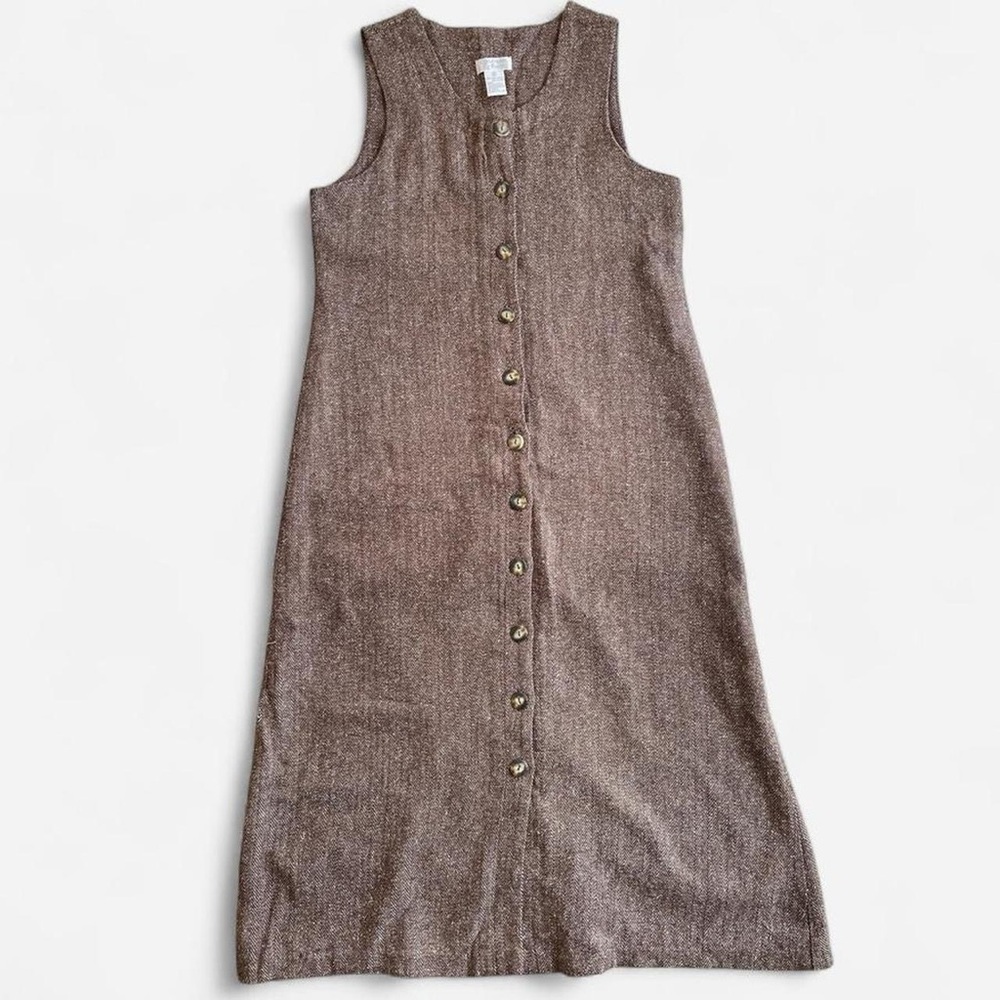 Vintage Christopher & Banks Brown Tone Tweed Button Front Sleeveless Maxi Dress